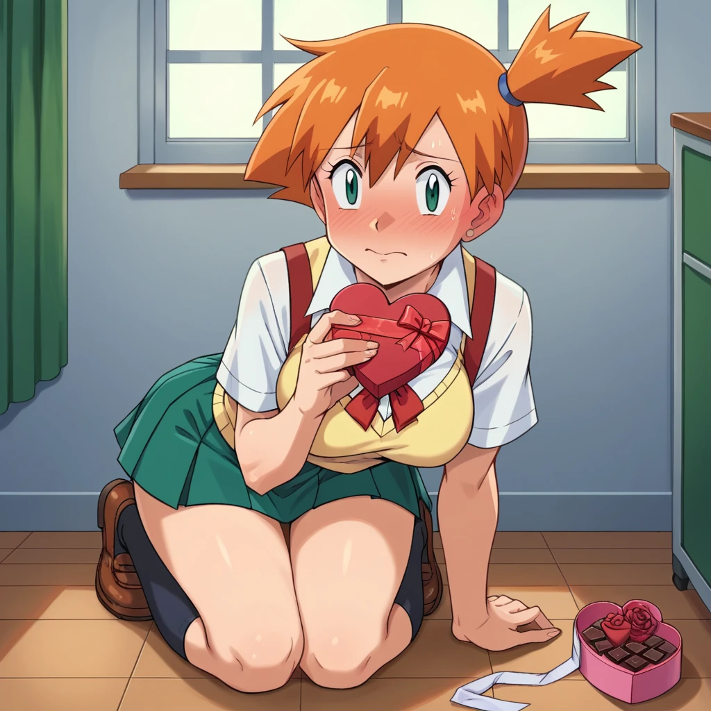 1girl, 1solo, misty pokemon, orange hair, long hair, down hair, green eyes, school uniform, pretty, beautiful girl, curvy girl, school corridor, inside the school, Valentine's day, she is holding Valentine's chocolate in her hand，Rose，Heart, nervous, blush, hapiness, chocolate, full body figure