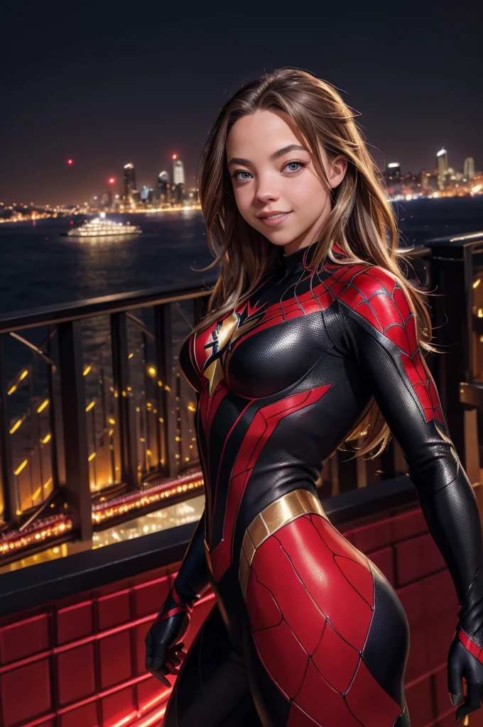 Sydney Sweeney, (ultra-detailed,highres,realistic:1.2),Spider-woman,red-gold-black suit,sharp focus,dynamic pose,wisecracking smile,glowing eyes,webbed pattern textures,city skyline background,night scene,vivid colors,dramatic lighting,comic book style