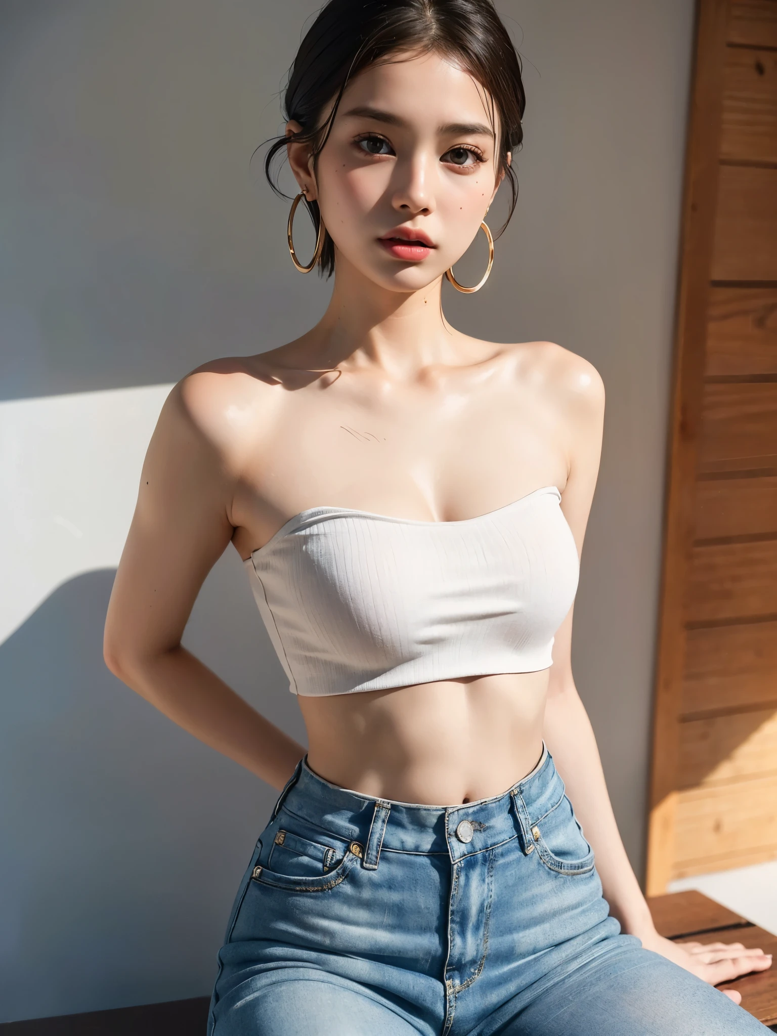 (UHigh resolution, retina, masterpiece, Accurate, Anatomically correct, Textured skin, Super Detail, Attention to detail, high quality, 最high quality, High resolution, 1080P, High resolution, 4K, 8k, 16k), (美しいAttention to detail目, Beautiful lip detail, Highly detailed eyes and face), Soft lighting, Physically Based Rendering, Vibrant colors,((((最high quality、masterpiece, 高精細CG8kイラスト, Graffiti art, Center Configuration, Highly detailed lights and shadows, wall, Highly detailed face and eyes,masterpiece, 最high quality, Alone, One girl, Glowing Skin, Hoop Earrings, [Splendid, Whimsical details, Slicked back hair, Fascinating, Bare shoulders, Crop top, Long trousers, Shallow depth of field, Contrasting, Professional Model, Facing forward, Portraiture , Symmetrical eyes,Detailed hands、Short Hair))), (Glowing Skin), (Wide-angle), Eye Reflexes、(Alone), (Pure Eros Face_1:0.33), (Urzan-6500:0.33)、Outdoor、(((Full Body Shot,Glossy thighs)))、