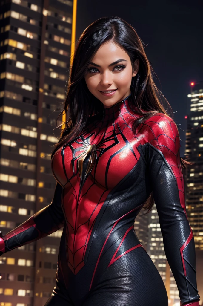 (ultra-detailed,highres,realistic:1.2),Spider-woman,red-gold-black suit,sharp focus,dynamic pose,wisecracking smile,glowing eyes,webbed pattern textures,city skyline background,night scene,vivid colors,dramatic lighting,comic book style