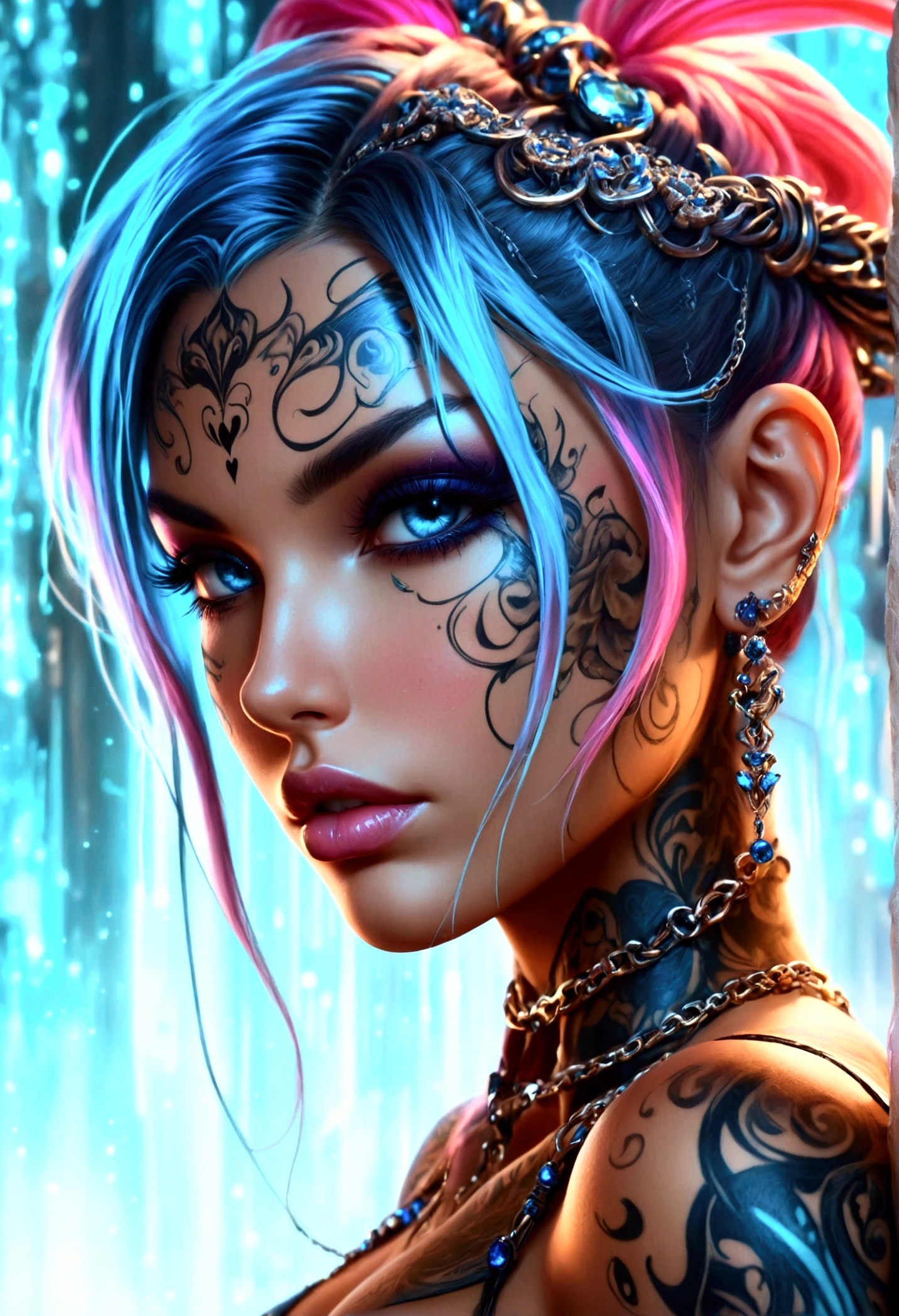 beautiful digital artwork, beautiful digital art, detailed beautiful face, 8k high quality oled detailed art, very beautiful digital art, digital art. highly detailed, beautiful detailed body, Create a hyper detailed photograph of a perfectly simetrical tattooed curved drop dead gorgeous dreadknight, Stunningly perfect gorgeous feminine face, perfect makeup, detailed vibrant neon sapphire eyes, very long hair, tan skin, Gentle facial curves, Fuller cheek bones, Smaller and wider-set eyes, Less pronounced jawline, Symmetry perfection Proportion facial features, sexual curved heart shaped mouth, long beautiful tattooed legs, beautiful tattooed arms, perfect feminine curved body figure, detailed silky smooth skin, gigantic huge breasts, perfect heart shaped ass, beautiful long tattooed legs, Wearing dreadknight lace lingerie chain Jewels,