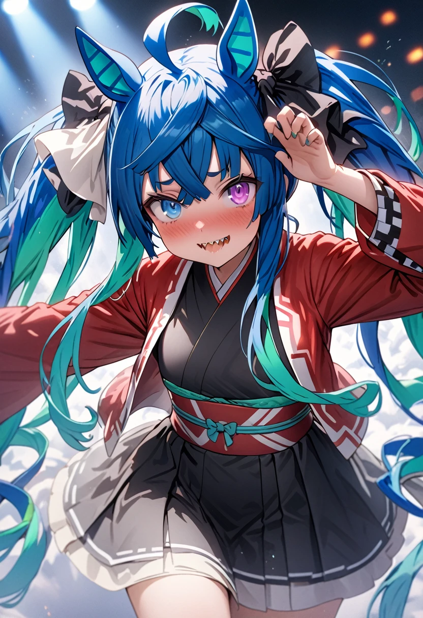 masterpiece,Highest quality,High resolution,Super detailed,4k,8k, solo, 1girl, live stage, ((cute)), Twin Turbo, Umamusume, aqua hair, twintails, heterochromia, purple eyes, blue eyes, sharp teeth, Ryougi Shiki costume outfit\(The Garden of Sinners, FGO,  red jacket, sash, fur trim, long sleeves, open clothes, open jacket, japanese clothes, blue kimono\), glossy lips, Baby girl body shape, Embarrassed, seductive model posing, perfect anatomy, noise removal