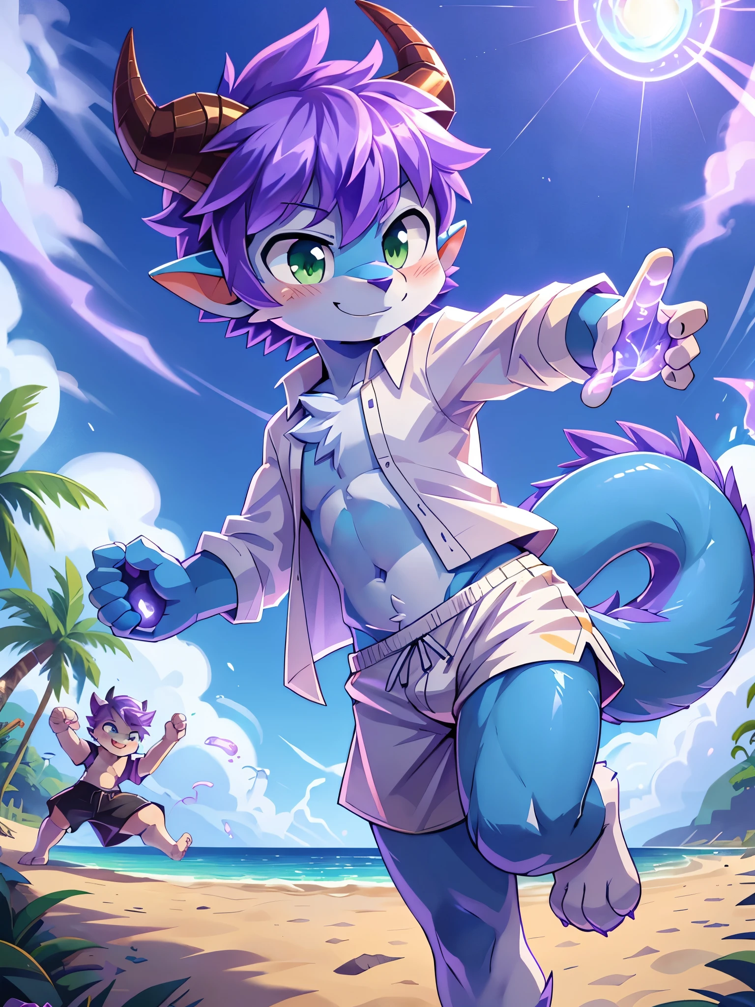 score_9,score_8_up,score_7_up, source_cartoon, source_furry, dragon boy, horns, green eyes, tail, purple hair, shota, furry, blush, dragon tail, looking at viewer, smile, dragon horns, pointy ears, short hair, furry male, two tone body fur, blue body fur, white body fur, ((white hawaiian shirt, open clothes, black swim trunks)), full body, feets with three toes, 3 toes, dynamic action shot, motion blur, thick outline, anthropomorphic, countershading, beach, clear sky, ((prepare to fight pose, most powerfull, lilac aura & energy ball, lilac energy ball on hand, lilac magic, standing with one leg, one leg up)), looking at you,