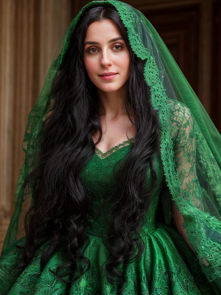 1 girl, solo, long hair, black hair, High resolution, masterpiece, HD model, high quality, 8K rendering, 18 years,  posing at a wedding , dressed in a green dress with a veil