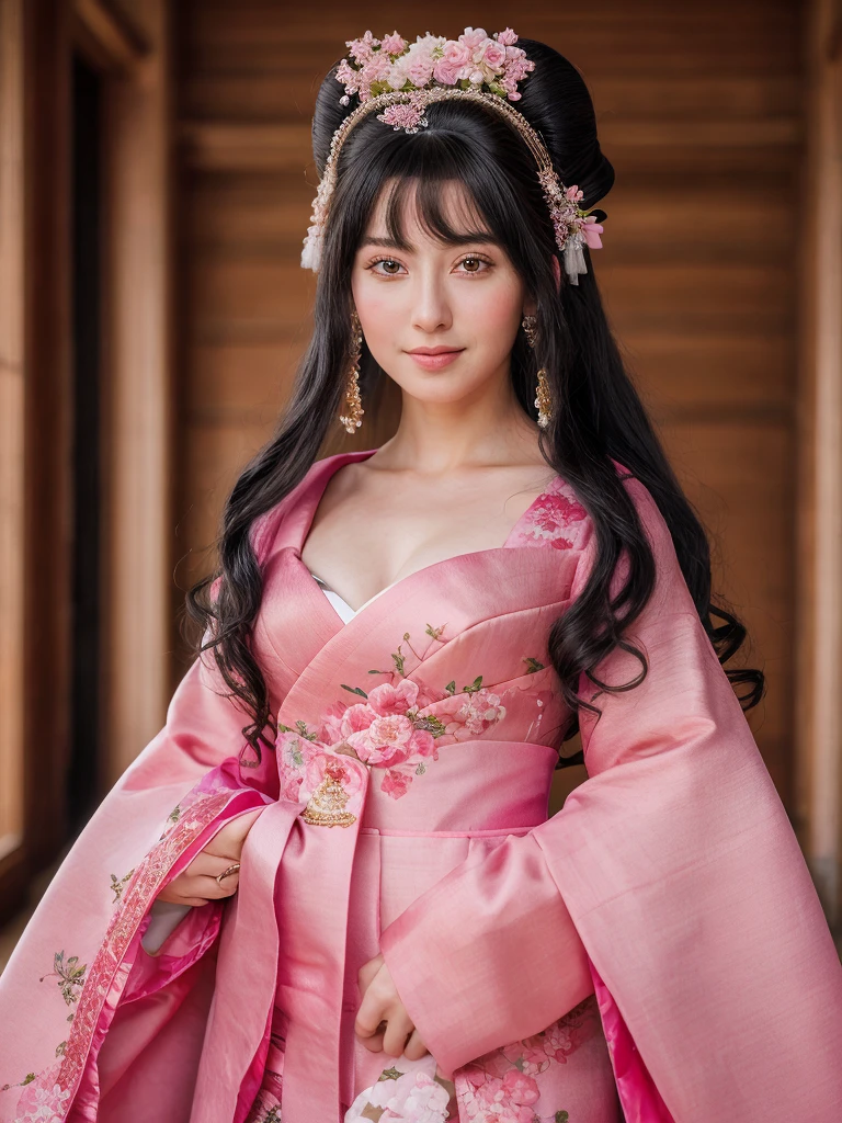 1 girl, solo, long hair, black hair, High resolution, masterpiece, HD model, high quality, 8K rendering, 18 years,  posing at a wedding , dressed in a pink geisha costume