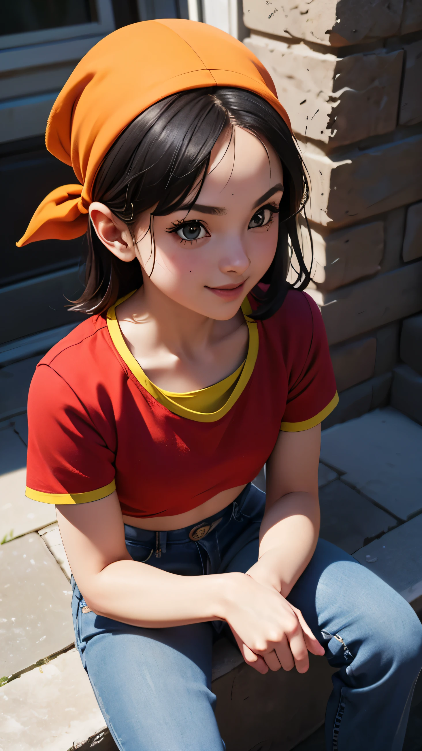 Pan, 1 girl, Alone, smile, Red shirt, jeans, bandana, black hair, sitting,, (acclaimed, seductive, captivating, exciting, Wonderful, impressive:1.3), (trends in CGSociety, trends on pixiv, contest winner:1.3)