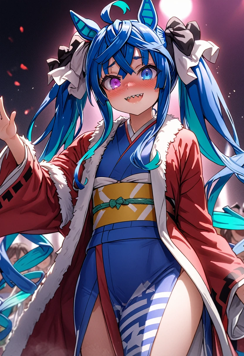 masterpiece,Highest quality,High resolution,Super detailed,4k,8k, solo, 1girl, live stage, ((cute)), Twin Turbo, Umamusume, aqua hair, twintails, heterochromia, purple eyes, blue eyes, sharp teeth, Ryougi Shiki costume outfit\(The Garden of Sinners, FGO,  red jacket, sash, fur trim, long sleeves, open clothes, japanese clothes, kimono, blue kimono\), glossy lips, Baby girl body shape, Embarrassed, seductive model posing, perfect anatomy, noise removal