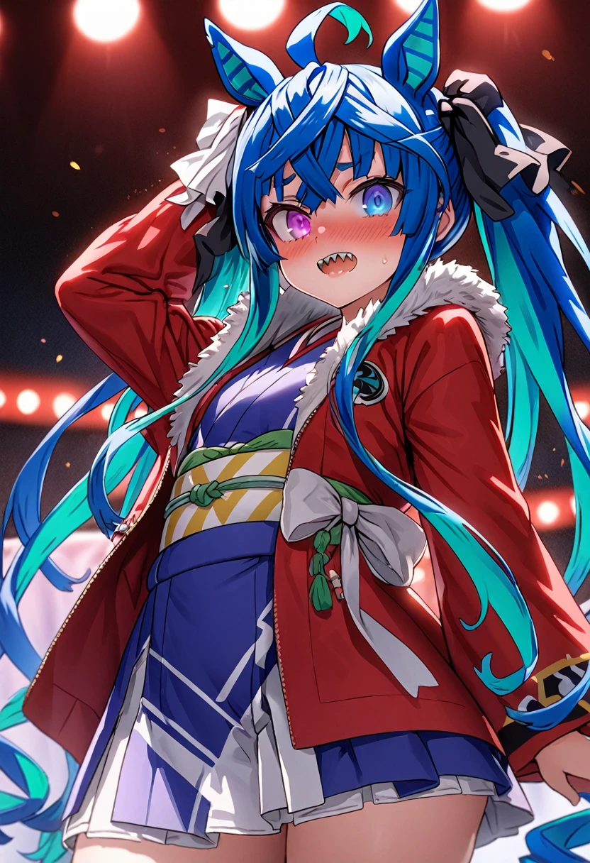 masterpiece,Highest quality,High resolution,Super detailed,4k,8k, solo, 1girl, live stage, ((cute)), Twin Turbo, Umamusume, aqua hair, twintails, heterochromia, purple eyes, blue eyes, sharp teeth, Ryougi Shiki costume outfit\(The Garden of Sinners, FGO,  red jacket, sash, fur trim, long sleeves, open clothes, japanese clothes, kimono, blue kimono\), glossy lips, Baby girl body shape, Embarrassed, seductive model posing, perfect anatomy, noise removal