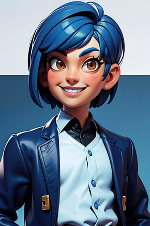 1boy, solo, teenager, pretty boy, short blue hair, bob-cut style, brown eyes, (Wearing: opened blue jacket, white undershirt and black pants), looking at viewer, smiling, his appearance reflects his cute and innocent personality, masterpiece, best quality,3d rending work ,3DMM style, close-up, portrait, 3D,