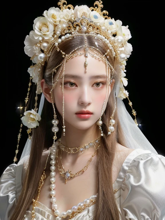 a woman with long hair wearing a white dress and corona flower white and pearls and golden eyes, baroque hair, pearls and chains, inspired by Jean Jouvenet, in a high renaissance style, baroque art jewelry, inspired by Konstantin Vasilyev, in a renaissance style, neo-rococo expressionist style, rococo fashion, inspired by Hendrick van Balen, veils and jewels