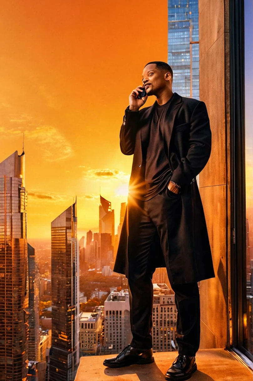 Will Smith in black clothes in a building, talking on the cell phone and looking to the side in an area with skyscrapers. the sun starts to set, creating an orange hue in the sky. bottom up camera angle artwork, best quality, (very detailed CG Unity 8k wallpaper) (best quality), (best illustration), (best shadows) naturey&#39, blue sea,delicate leaves petals of various colors falling in the air Light tracking, super detailed