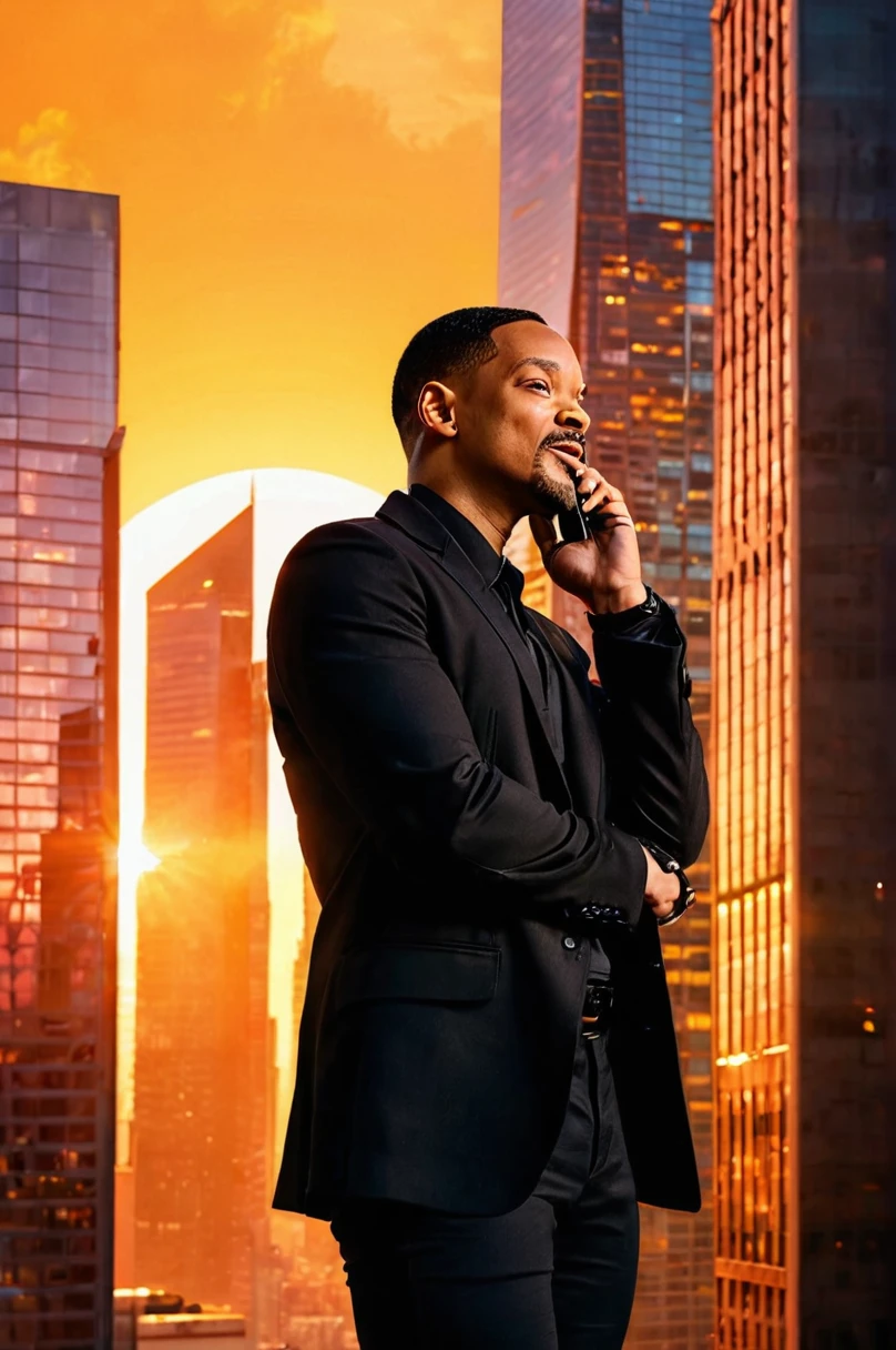 Will Smith in black clothes in a building, talking on the cell phone and looking to the side in an area with skyscrapers. the sun starts to set, creating an orange hue in the sky. bottom up camera angle artwork, best quality, (very detailed CG Unity 8k wallpaper) (best quality), (best illustration), (best shadows) naturey&#39, blue sea,delicate leaves petals of various colors falling in the air Light tracking, super detailed