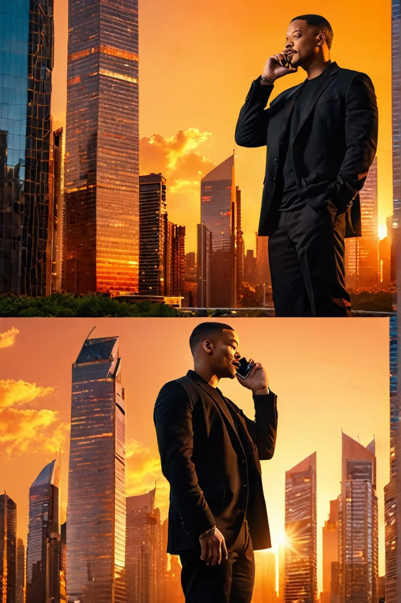 Will Smith in black clothes in a building, talking on the cell phone and looking to the side in an area with skyscrapers. the sun starts to set, creating an orange hue in the sky. bottom up camera angle artwork, best quality, (very detailed CG Unity 8k wallpaper) (best quality), (best illustration), (best shadows) naturey&#39, blue sea,delicate leaves petals of various colors falling in the air Light tracking, super detailed