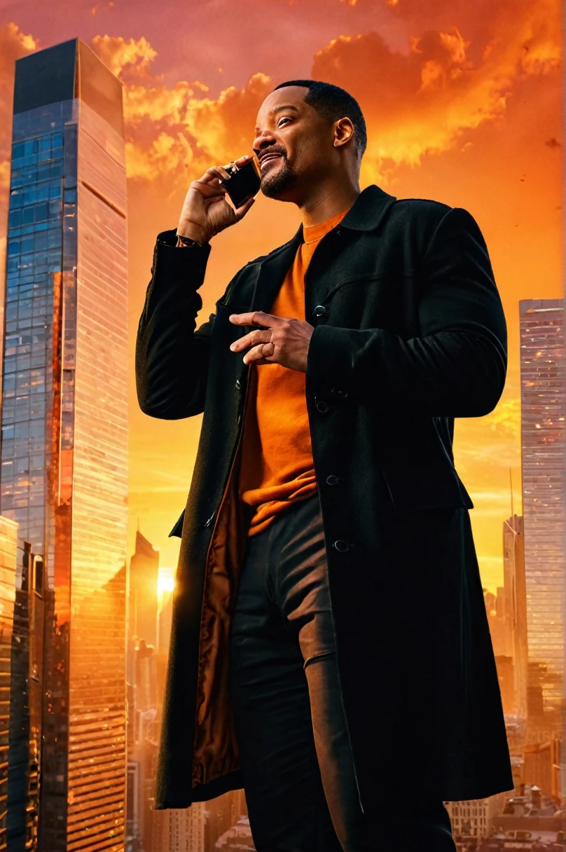 Will Smith in black clothes in a building, talking on the cell phone and looking to the side in an area with skyscrapers. the sun starts to set, creating an orange hue in the sky. bottom up camera angle artwork, best quality, (very detailed CG Unity 8k wallpaper) (best quality), (best illustration), (best shadows) naturey&#39, blue sea,delicate leaves petals of various colors falling in the air Light tracking, super detailed