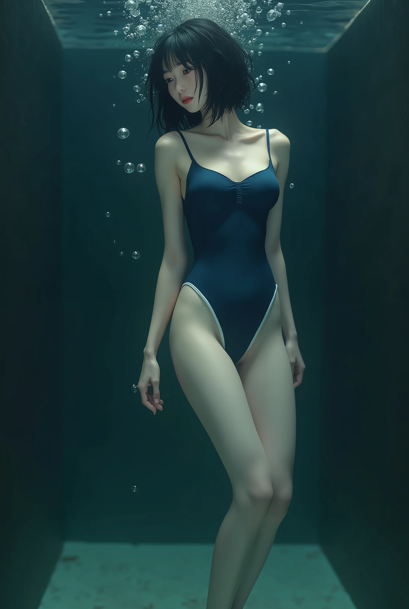 thin very skinny slender woman ("Christina Ricci"), micro bikini, delicate face, delicate hands, skinny body, (very flat chest: 1.6), no breasts, ribs, (swimming underwater:1.6), black short pixie style hair, shiny pale skin, very red and fleshy lips, eyeshadows, thin belly, very massive groin, very massive cameltoe, very voluptuous hips, looking to camera, UHD, anatomically correct, masterpiece, super detail, best quality, 8k