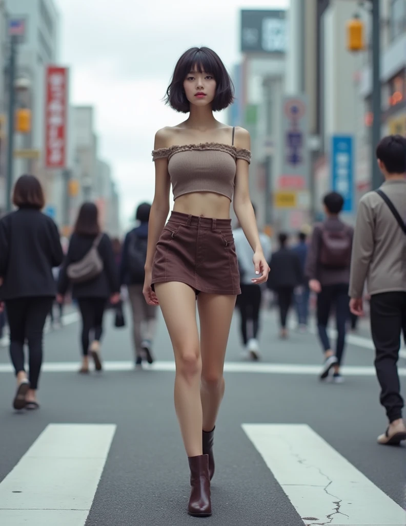 A 28-year-old Japanese woman is photographed from the front doing the splits while completely naked。short hair。Shibuya Station。Many spectators。