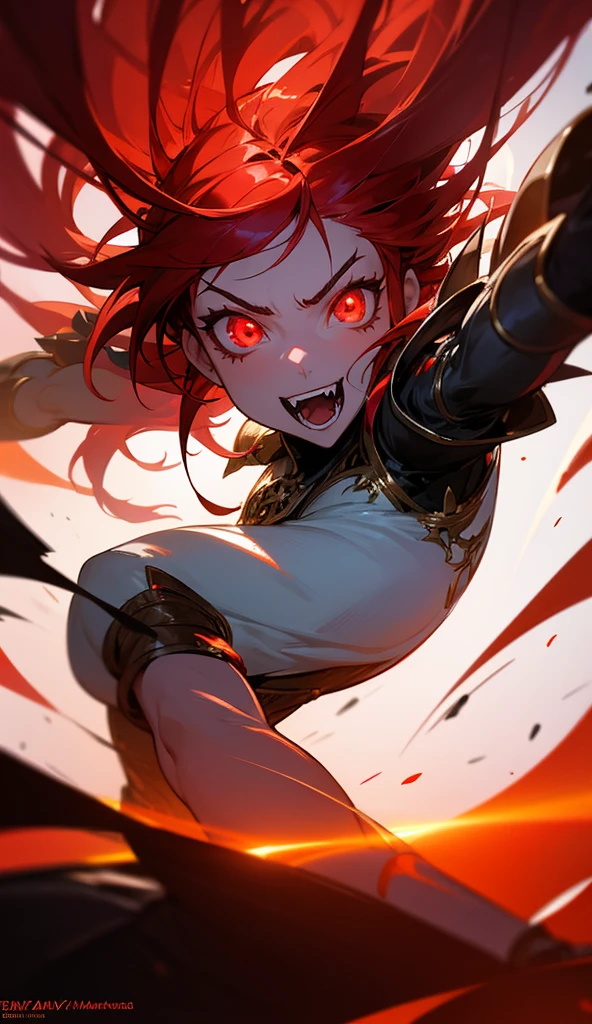 a caricature of an adult female fencer with red hair and very small horns on her head big breasts 20 years old
