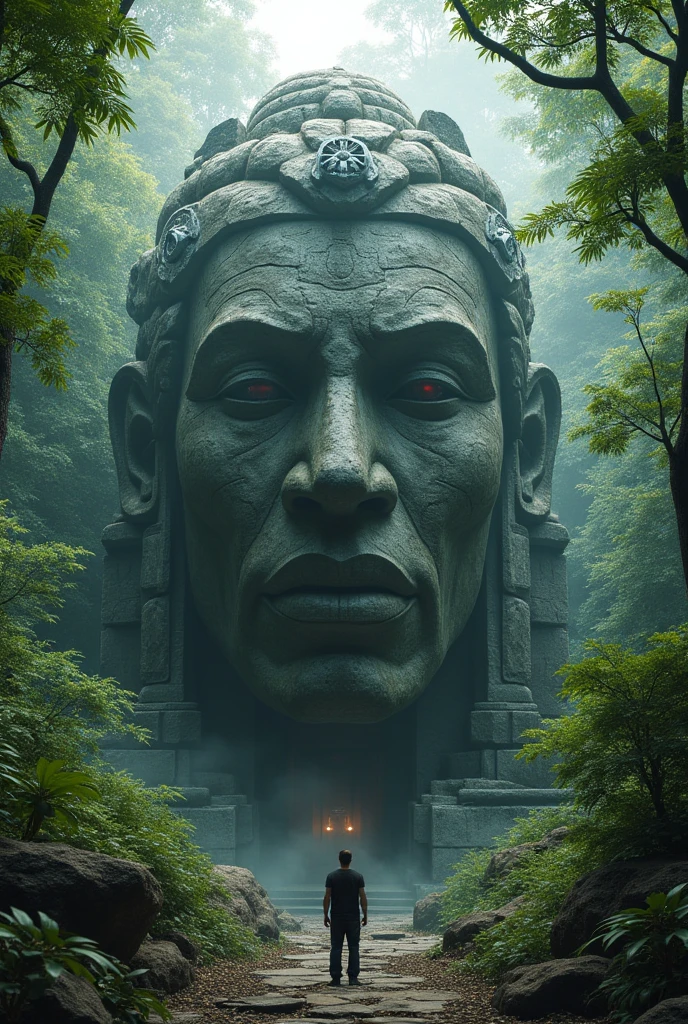 there is a statue of a man with a headdress in a cave, cinematic still frame, inca style, ancient trees, volumetric effect, imax close-up of face, giant moai statues, by Agustín Fernández, by Koloman Sokol, rendered in lumion, 2015 cinematography, quetzal, elaborate matte painting