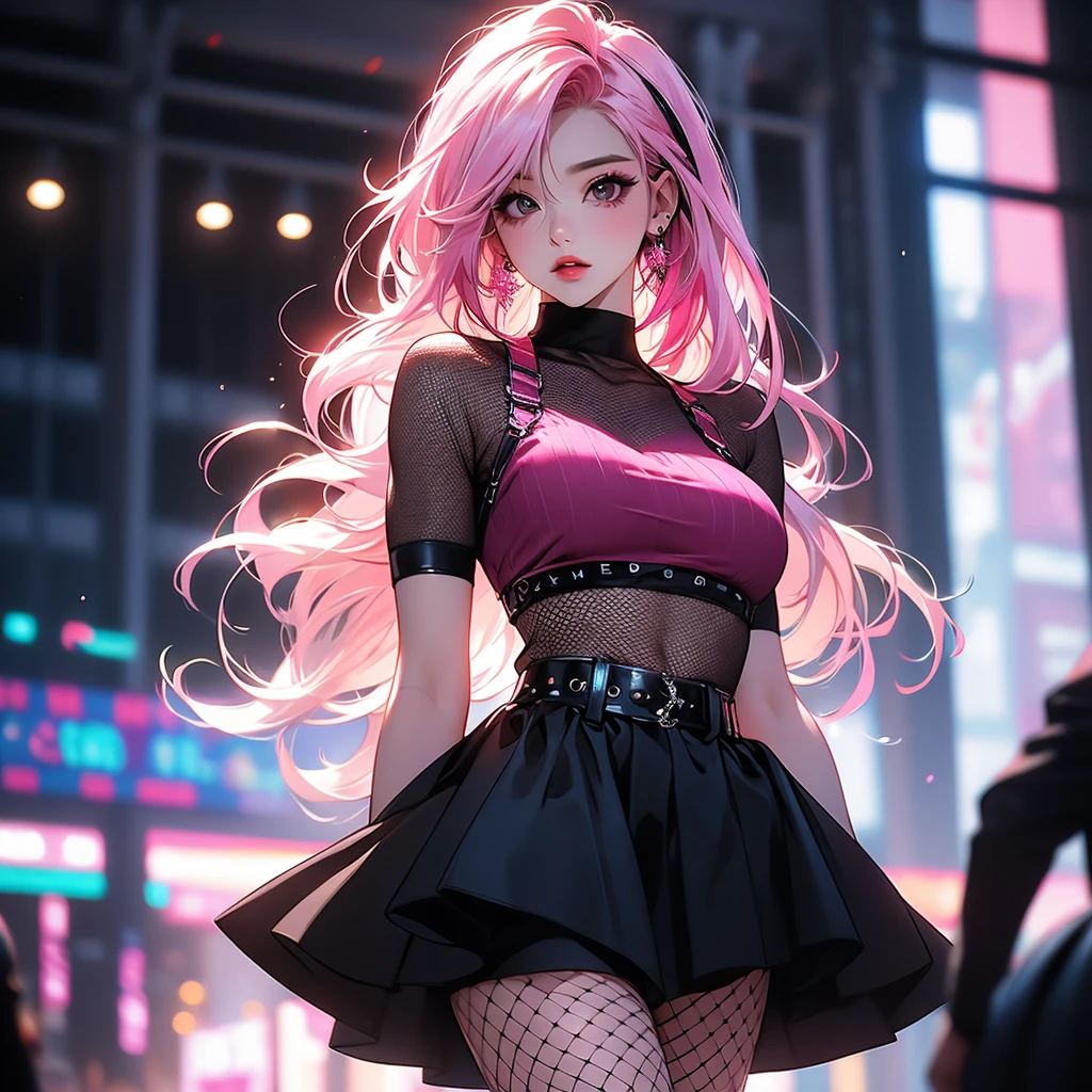 Make an image of something that looks very aesthetic with neon lights, make an image of a neon bar, also add a beautiful girl in the front facing the viewer and various people in the background, make her look prettier, she's wearing more jewellery, give a front view of her, straighten her posture, she's wearing a pink skirt
