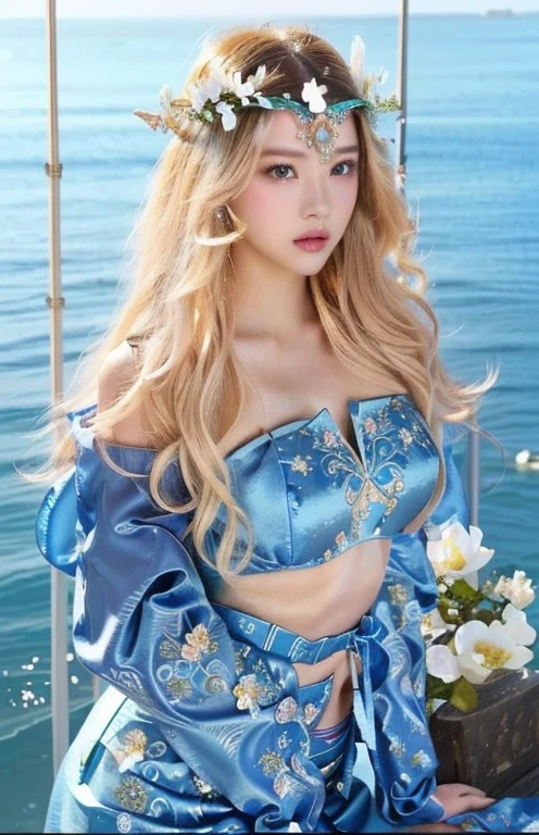 a close up of a woman in a blue dress with flowers on her head and blue like eyes, queen of the sea mu yanling, real photoshoot queen of oceans, goddess of the ocean, belle delphine, lalisa manobal, beautiful maiden, ((a beautiful fantasy empress)), ethereal beauty, with white long hair, with long white hair, with frozen flowers around her, Físico : el abdomen más pequeño jamás visto, jisoo from blackpink, popular south korean makeup, quality detailed ,(beautiful makeup :1.2), Wide hips, big, big ass, (best quality, 8K, masterpiece: 1.3), Clear focus: 1.2, Perfect body beauty: 1.4, strong abs, Very detailed face and skin texture. , detailed eyes, double eyelids, (long hair), having very marked curves, with greater volume in ((hips and breasts)), which makes the waist look much smaller ((wasp waist))