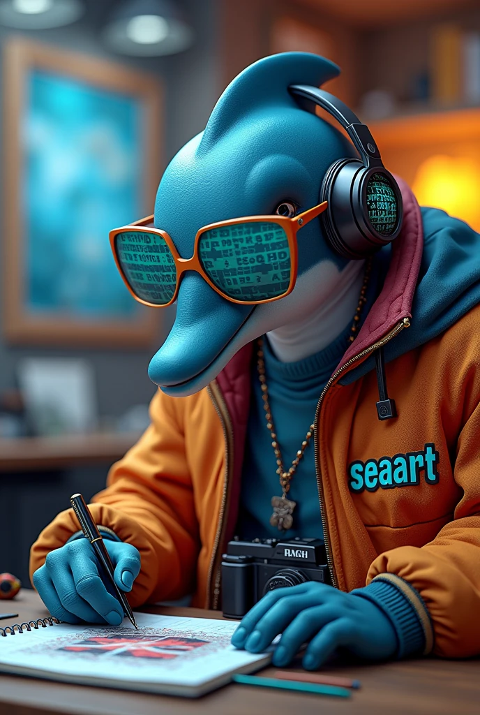 an anthropomorphic dolphin, dressed in 80s clothes but with cyberpunk style like a street art creator, He is wearing stereo headphones and glasses with a light blue HTML code on them.. He wears a camera hanging from his neck, On his light blue jacket he has the text in black ("seaart"). watching a group of people painting on the street