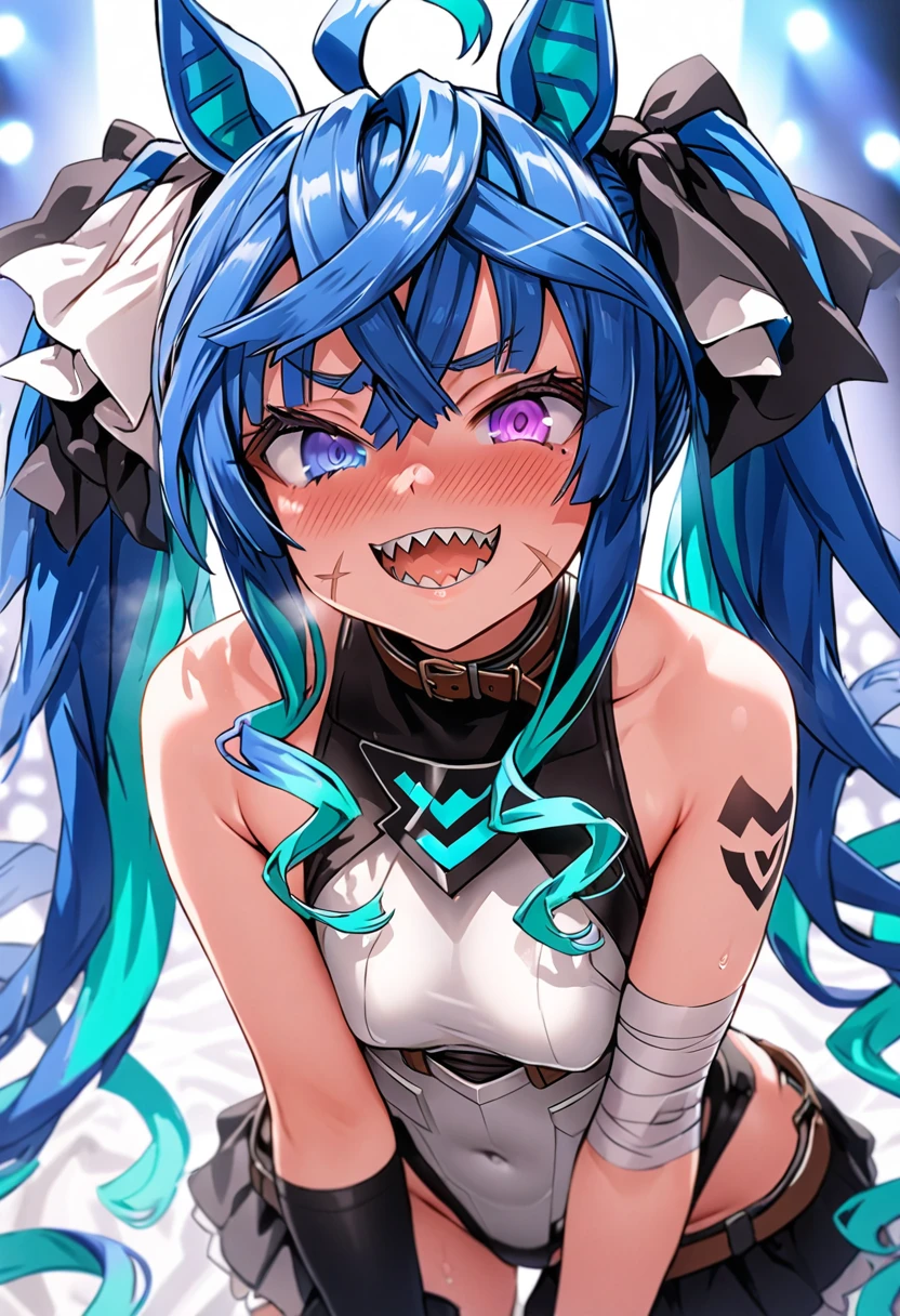 masterpiece,Highest quality,High resolution,Super detailed,4k,8k, solo, 1girl, live stage, ((cute)), Twin Turbo, Umamusume, aqua hair, twintails, heterochromia, purple eyes, blue eyes, sharp teeth, jack the ripper costume outfit\(fate/apocrypha, scars, scar on right eye, scar on left cheek, shoulder tattoo, bandages, bandaged arm, arm belt, belt, sleeveless, fingerless gloves, single glove\), glossy lips, Baby girl body shape, Embarrassed, seductive model posing, perfect anatomy, noise removal