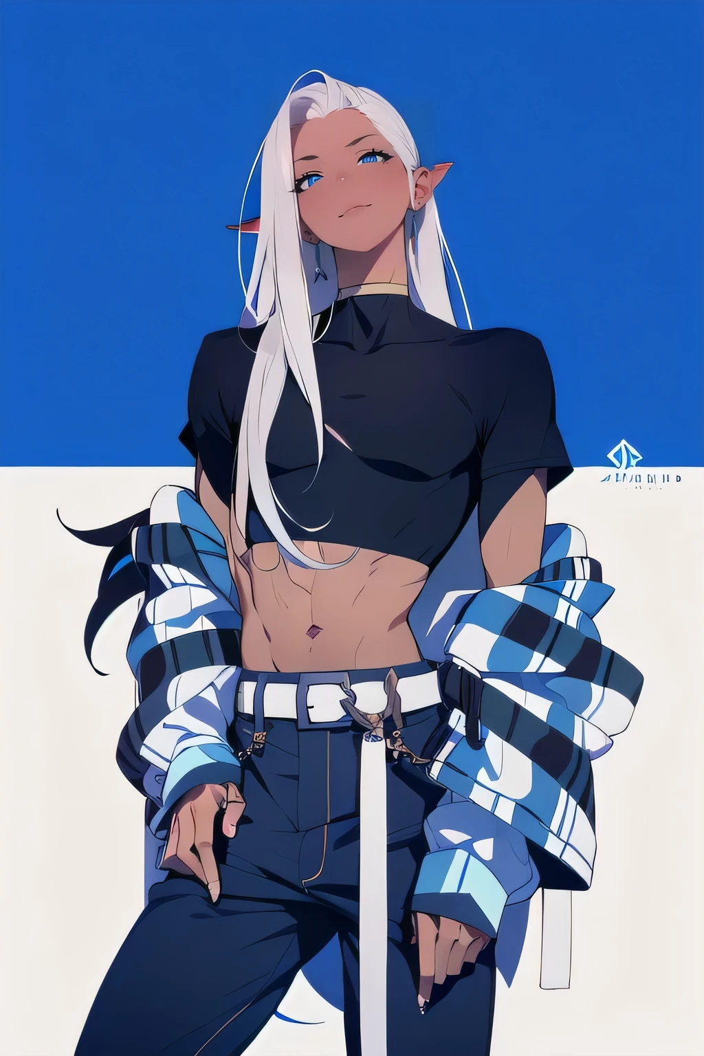 ((Handsome man:1)) , ((brown skin:1)), (((long hair:1.5))) , ((black hair:1.3)) , ((male features:1.2)) , light blue eyes, ((Skinny build)) ,effeminate , ((has a center part in hair:1.2)),((straight  hair:1.3)) , Bishounen, androgynous features , as a male , small waist, thin , ((sleek hair:1)) , ((has lion ears:1.1)), Jane Doe/(Zeanles Zone zero)/, wearing a crop top, 
