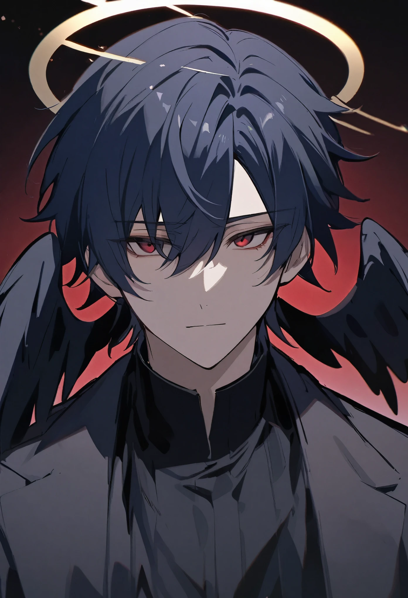 solo, handsome, 1 male, short hair, dark blue hair, dark red eyes, black shirt, black coat, halo, dark small wings behind ears