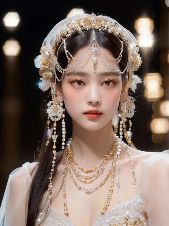 a woman with a white dress and a headpiece with pearls and golden eyes, veils and jewels, elaborate ornate head piece, forehead jewelry, delicate embellishments, ornate headpiece, pearls and chains, chaumet style, incredibly ethereal, ethereal details, elaborate hair worn up, headpiece, rococo onyx headpiece, haute couture, diadem on the head