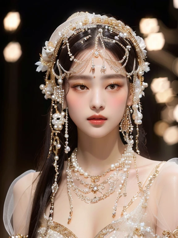 a woman with a white dress and a headpiece with pearls and golden eyes, veils and jewels, elaborate ornate head piece, forehead jewelry, delicate embellishments, ornate headpiece, pearls and chains, chaumet style, incredibly ethereal, ethereal details, elaborate hair worn up, headpiece, rococo onyx headpiece, haute couture, diadem on the head