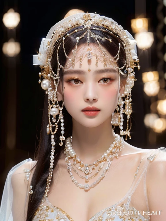 a woman with a white dress and a headpiece with pearls and golden eyes, veils and jewels, elaborate ornate head piece, forehead jewelry, delicate embellishments, ornate headpiece, pearls and chains, chaumet style, incredibly ethereal, ethereal details, elaborate hair worn up, headpiece, rococo onyx headpiece, haute couture, diadem on the head