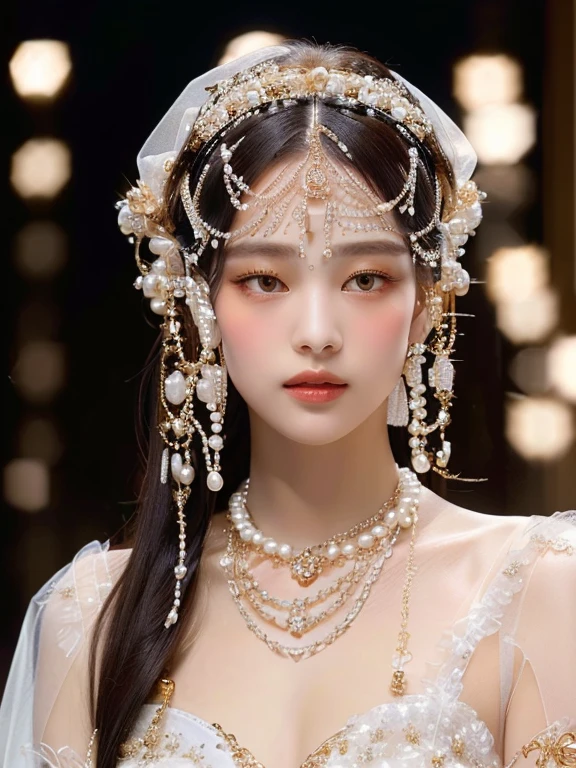 a woman with a white dress and a headpiece with pearls and golden eyes, veils and jewels, elaborate ornate head piece, forehead jewelry, delicate embellishments, ornate headpiece, pearls and chains, chaumet style, incredibly ethereal, ethereal details, elaborate hair worn up, headpiece, rococo onyx headpiece, haute couture, diadem on the head