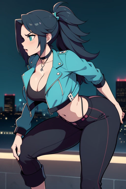 pulling down her blouse with her hands and showing her tits