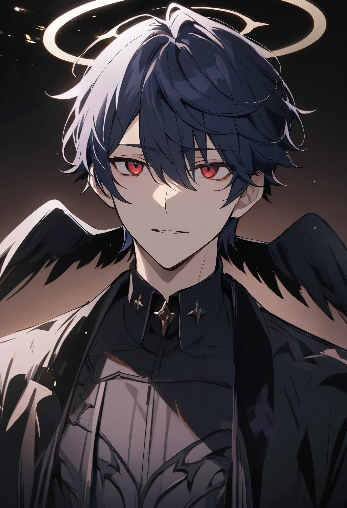 solo, handsome, 1 male, short hair, dark blue hair, dark red eyes, black shirt, black coat, halo, dark small wings behind ears