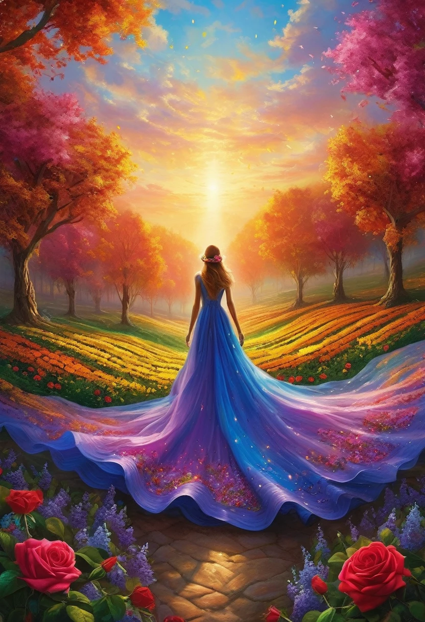 (masterpiece, top quality, best quality, official art, beautiful and aesthetic:1.2), extremely detailed,(Fractal Art:1.1),(colorful:1.1),highest detailed,(tangled:1.2), (dynamic pose), (abstract background:1.5), (many colors:1.4) Theme and atmosphere: The painting must express a mystical and ethereal scene, that celebrates divine abundance, the renewal of spring, and the spiritual transcendence that connects the human being to the universe. The image should evoke an atmosphere of magic, like a festival of the soul, where the elements of nature and the cosmos mix with the spiritual world. The sensation of movement and expansion should predominate, with symbols of rebirth, joy and unity among all things. Central Scene: The Market da Abundância No coração da pintura, there is a heavenly market, not of earthly goods, but of spiritual exchanges, where divine generosity overflows in every corner. Here, a single rose can be exchanged for entire gardens, and a small seed is the door to a vast and wild forest. The Market: The market is painted with light and translucent architecture, almost as if it were a construction of light. The stalls are adorned with roses, mystical seeds and fruits. Instead of traders, spiritual figures or angels are in front of the tents, exchanging symbols of life and renewal. The feeling is of a magical place, where everything is for sale and at the same time, nothing costs anything material. The ground is covered with flower petals that shine softly, reflecting the golden light of the environment. Roses and Gardens: In the center of the market, a single rose floats in the air, radiating a golden light. Around her, flower gardens magically sprout from the ground, blooming in vibrant and varied colors – lilacs, reds, yellows and blues. The gardens seem to expand infinitely, as a reflection of divine generosity. Seeds and Forests: In another part of the market, small seeds are exchanged for vast forests.
