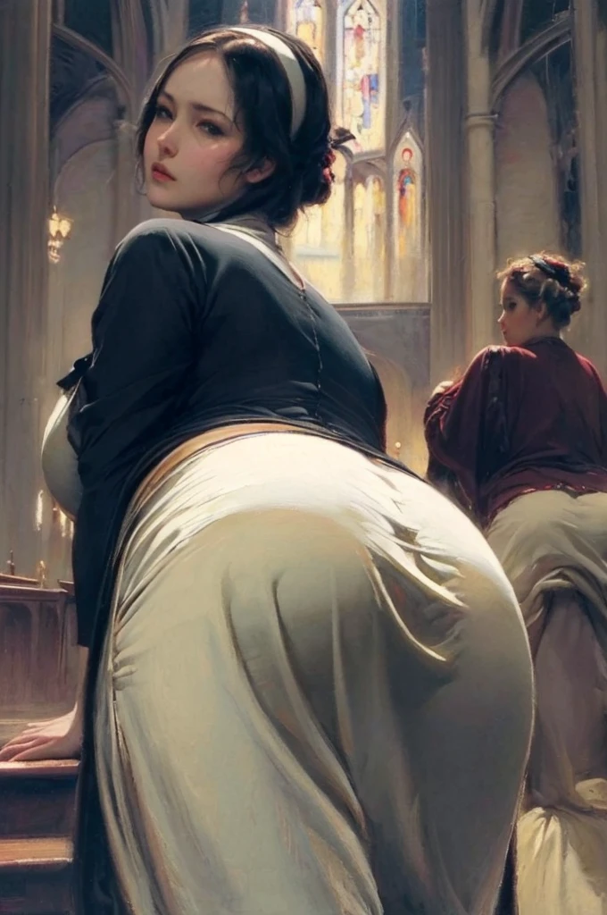 ((masterpiece:1.2)), 1girl, nun uniform, golden latex thong, big ass, church, looking at camera, hand on butt, bench, rear view, detailed face, detailed body, dramatic lighting, cinematic composition, wide angle, ultra-detailed, (best quality, 4k, 8k, highres:1.2), ultra-detailed, (realistic, photorealistic, photo-realistic:1.37),