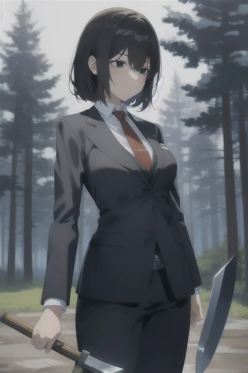 tall girl in a formal suit, white shirt,red tie. black jacket. Black eyes without pupils. Short Black Hair with Red Streaks Mary Jane,outdoors,battle ax,Holding an axe, Exquisite visual effects, High resolution,masterpiece,high quality,Exquisite visual effects,High resolution,masterpiece,high quality,18 years,young woman,Beautiful fingers.,beautiful long legs,beautiful body,Beautiful character design,