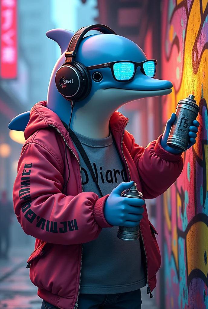 an anthropomorphic dolphin, dressed in 80s clothes but with cyberpunk style like a street art creator, He is wearing stereo headphones and glasses with a light blue HTML code on them.. He wears a camera hanging from his neck, On his light blue jacket he has the text in black ("seaart"). watching a group of people painting on the street