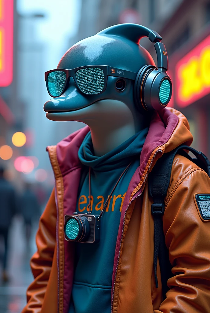 an anthropomorphic dolphin, dressed in 80s clothes but with cyberpunk style like a street art creator, He is wearing stereo headphones and glasses with a light blue HTML code on them.. He wears a camera hanging from his neck, On his light blue jacket he has the text in black ("seaart"). watching a group of people painting on the street