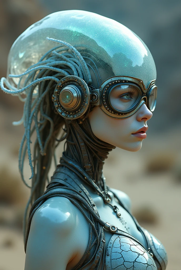 Ethereal Cyborg Man, Luminous jellyfish headpiece. Steampunk goggles combined with translucent tentacles. Cracked porcelain skin meets iridescent scales. Mechanical implants and delicate tentacles intertwine. Human characteristics that shine from another dimension. Dreamy light blue hues contrast with weathered metal. Reflective eyes capture the invisible world. Soft bioluminescence meets harsh desert backdrop. Fusion of organic and synthetic, Ancient and future. Highly detailed textures, Surreal atmosphere