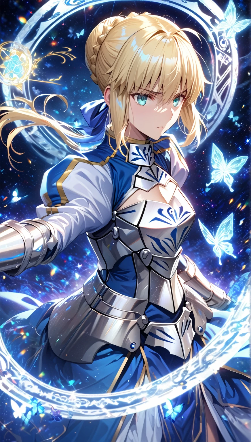 absurdres, highres, ultra detailed, HDR, master piece, Artoria Pendragon, blonde hair tied in a bun, expressive turquoise eyes, Saber, blue dress, extremely beautiful, sexy woman, best quality, Fate Grand Order, magical circle, fantasy, magical, sensual, blue starry sky, glittering, accessories, silver armor, blue ribbon, blue magic, blue flames, blue butterflies, stoic expression