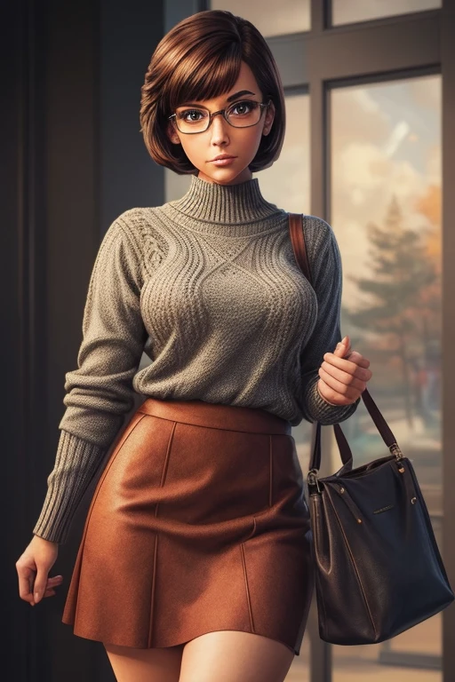 a close up of a woman in a skirt and sweater holding a bag, velma, nerdy appearance, extremely detailed artgerm, in the style artgerm, gordon freeman as a woman, style artgerm, in style of artgerm, ig model | artgerm, style ivan talavera and artgerm, official fanart