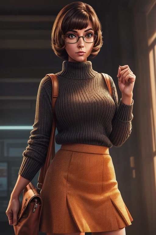 a close up of a woman in a skirt and sweater holding a bag, velma, nerdy appearance, extremely detailed artgerm, in the style artgerm, gordon freeman as a woman, style artgerm, in style of artgerm, ig model | artgerm, style ivan talavera and artgerm, official fanart