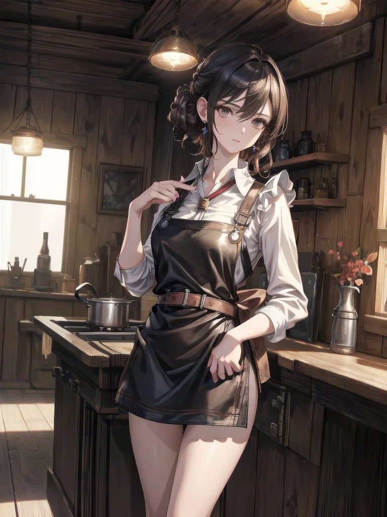 (fantasy:1.5),(anime,8k,masterpiece, top quality, best quality,beautiful and aesthetic:1.2,professional illustrasion:1.1,ultra detail:1.3,perfect lighting),extremely detailed,highest detailed,incredibly absurdres , highres, ultra detailed,intricate:1.6,(Alchemy Workshop:1.4),A girl mixing,Medicine in many small bottles,holding small potion,colorful:1.4,zentangle,(1girl),(girl),(Three kingdoms female warload),(highly detailed beautiful face and eyes,firm breasts),oily skin,(black,hair,short bob with short pony tail hair)),thin pubic hair,cute,lovely,34 years old,alchemist costume,Merchant's Clothing,smile,in the kitchen,smile,seductive smiling,(with sparkling eyes and a contagious smile), Looking at Viewer,