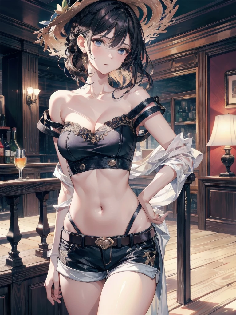 (masterpiece), best quality, expressive eyes, perfect face, (tavern background), (standing), (smirk), (closeup view), (1girl, vanessa alessia, dark skin, tanned skin, brown hair, wavy hairstyle, brown eyes, hourglass figure, thin body, skinny body, petite_body, medium breasts, thick thighs, long fingernails, white front lace blouse, long sleeve, loose fit, brown leather corset, brown leather shorts, brown boots, sheathed cutlass sword, flintlock pistol in holster, hoop earrings, miscellaneous jewelry), big breasts, stripping, elegant makeup, exhibitionism, naked in public, , slim thighs, toned body, shiny skin, sexy pose,narrow hips, wearing high hip thong and see-through top, amber eyes, (((girl stripping on table))) , sultry look, seductive
