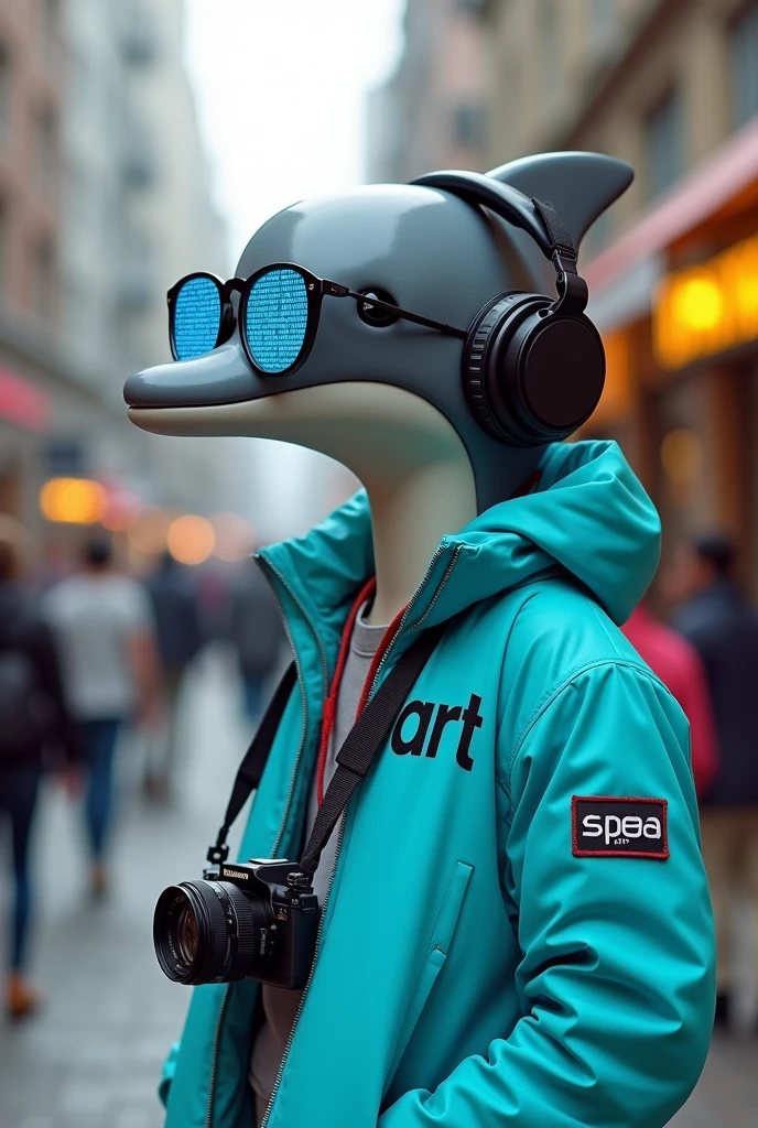 an anthropomorphic dolphin, dressed in 80s clothes but with cyberpunk style like a street art creator, He is wearing stereo headphones and glasses with a light blue HTML code on them.. He wears a camera hanging from his neck, On his light blue jacket he has the text in black ("seaart"). watching a group of people painting on the street