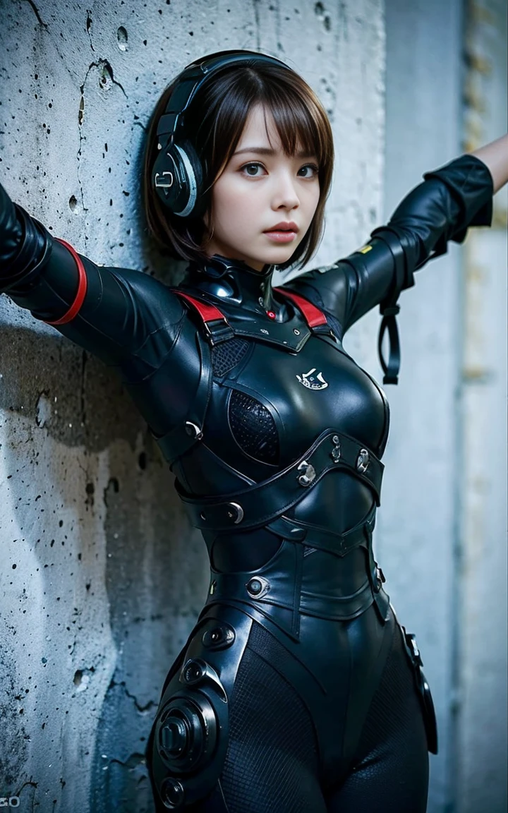 ((best quality, 8k, masterpiece: 1.3)), ((best quality)), lifelike, Photorealism, lifelike, High resolution, 1 Girl arms up raised tied by handcuffs above head, stretched stance, looking at camera, (Detailed face), short hair, (Wearing a red rubber suit, Tactical vests, military harness, black gloves, High-tech headphones), Fabric color is black、Mainly dark blue), Showing thighs, gun, Fingers are covered, concrete wall background, hands up, tied up, arms over head, captured arms up, armpit exposed, realistic armpits, armpit details, more realistic face, more realistic armpit, all high resolution,very  sharp, crucifix position, crucifixion