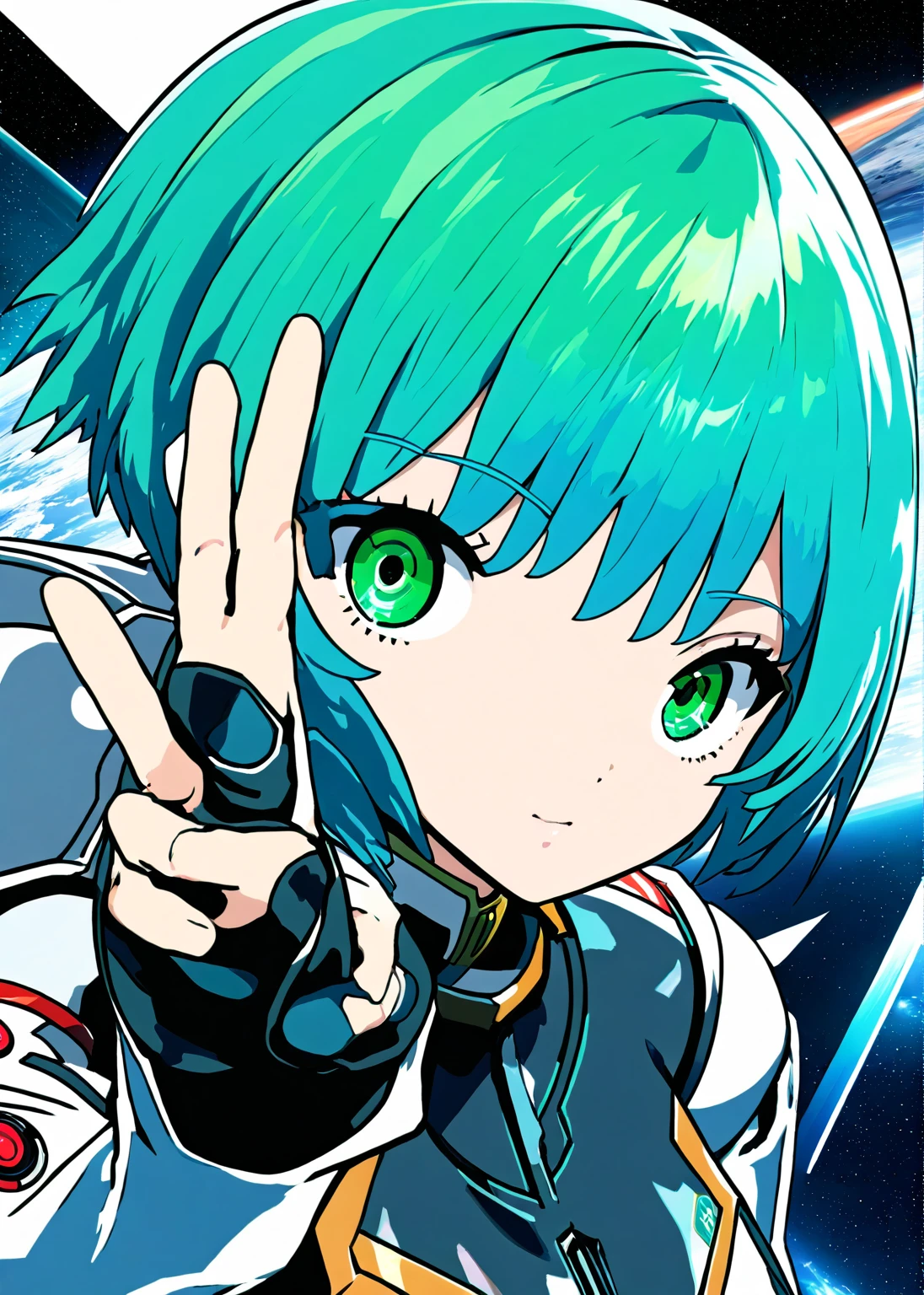 anime girl with blue hair and green eyes pointing at something, with index finger, mikudayo, android heroine, 2 d anime style, ayanami, portrait anime space cadet girl, rei ayanami, anime girl with teal hair, official artwork, anime cover, rei hiroe, e-girl, e - girl, clean detailed anime art