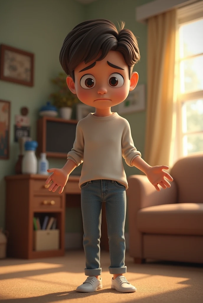a young boy menolak uang dari grandmother. A detailed scene featuring a young boy. The boy has short, slightly messy dark brown hair and large, expressive eyes with a thoughtful yet determined expression. He wears slightly wrinkled t-shirt, black knee-length shorts, and brown sneakers. On his wrist is a simple watch. A detailed scene featuring a grandmother, white shoes.