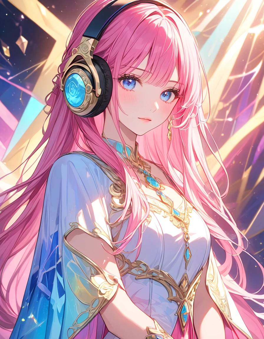 Vibrant pink hair styled with elaborate headphones and flowing, wavy strands. She is wearing an ornate, light blue, armored dress with intricate gold embellishments and a gemstone pendant at the collar. The background features abstract, colorful light flares and shapes, contributing to a fantastical and ethereal atmosphere. The lighting is soft and highlights the details of her attire, with a light coming from various directions, casting subtle shadows.トップレス、取り外したスリーブ、美しいbust、